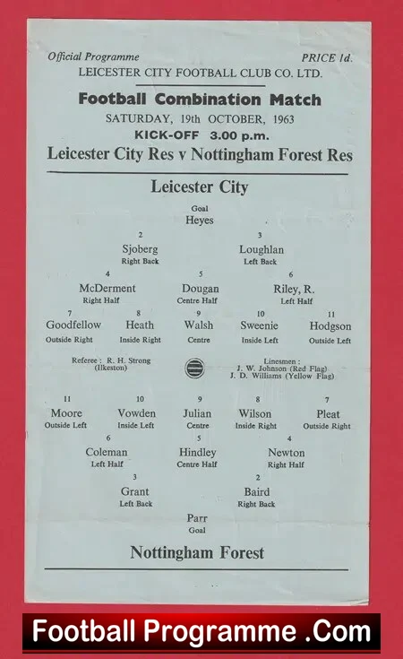 Leicester City v Nottingham Forest 1963 – Single Sheet Reserves