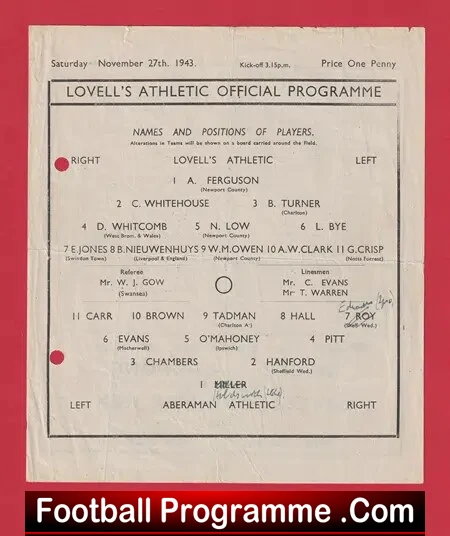 Lovells Athletic v Aberaman Athletic 1943 – War Time Football