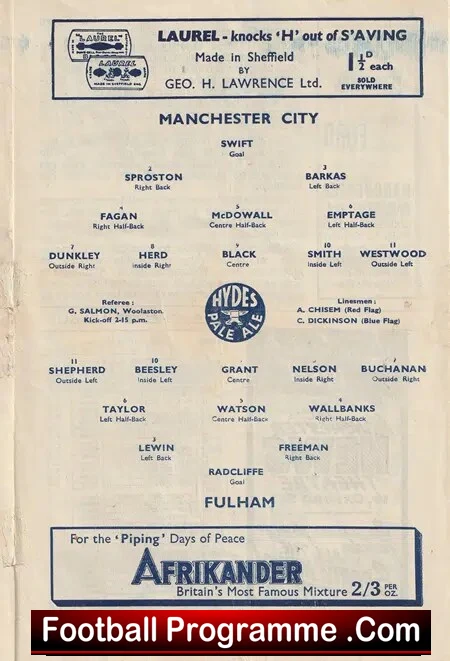 Manchester City v Fulham 1947 - 1940's