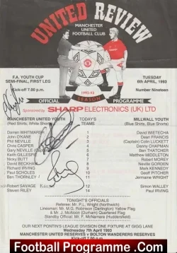 Manchester United v Millwall 1993 - Youth Cup Semi Final SIGNED - football programme