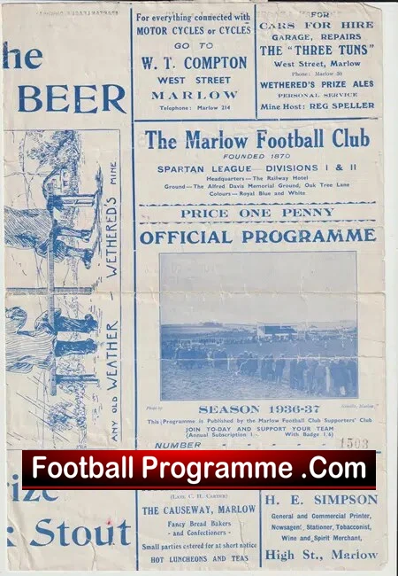 Marlow v Honslow 1936 - 1930's Football Programme 30s