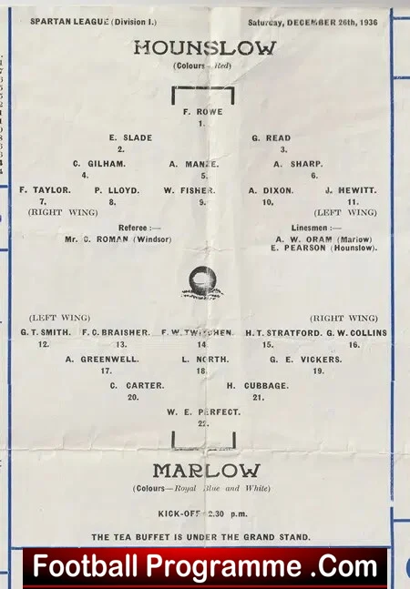 Marlow v Honslow 1936 - 1930's Football Programme 30s