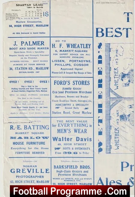 Marlow v Honslow 1936 - 1930's Football Programme 30s