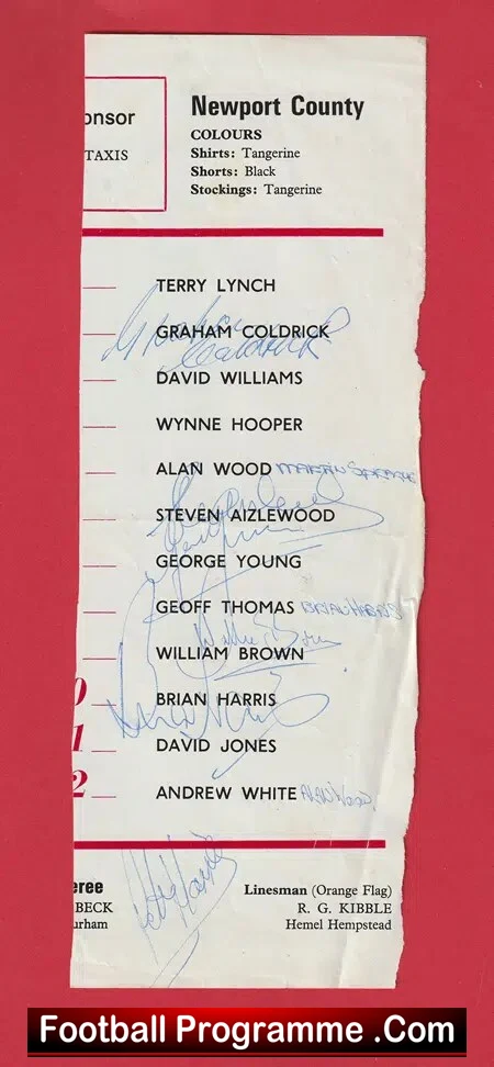 Newport County Football Club Multi Signed Sheet 1970s