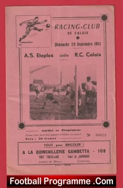 Racing Club De Calais v AS Etaples 1952 - French - France - football programme