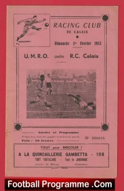 Racing Club De Calais v UMRO 1953 - French - France - football programme