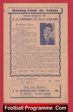 Racing Club De Calais v US Corbie 1951 - French - France - football programme