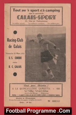 Racing Club De Calais v US Corbie 1951 - French - France - football programme