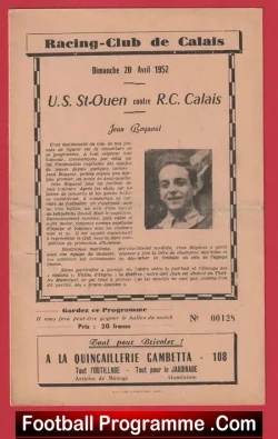 Racing Club De Calais v US St Ouen 1952 - French - France - football programme