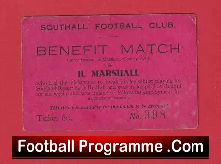 Southall Football Club H Marshall Benefit Match Ticket – 1950’s