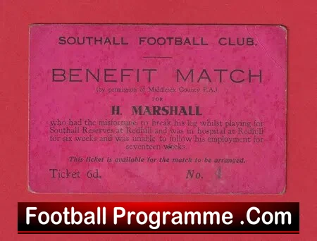 Southall Football Club H Marshall Benefit Match Ticket – 1950’s