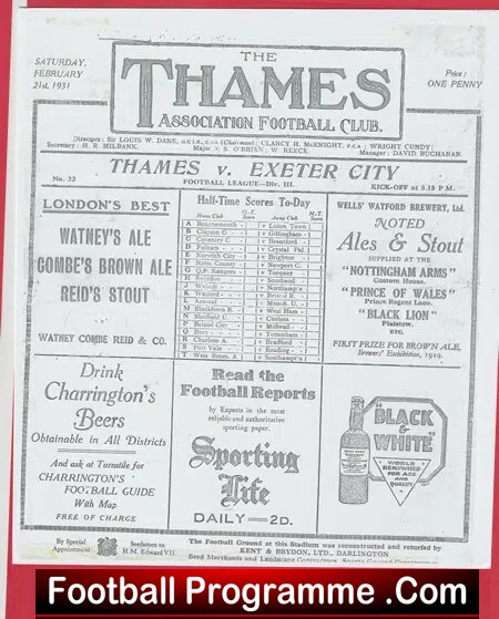 Thames v Exeter City 1931 – 1930s Old Programmes