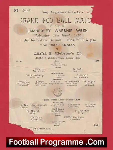 The Black Watch Army v CSMI Websters XI 1942 Charity Match Camberley