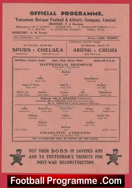 Tottenham Hotspur v Charlton Athletic 1946 – 1940s Programme