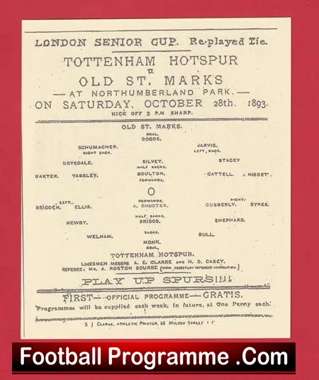Tottenham Hotspur v Old St Marks 1893 – 1800s Football Programme