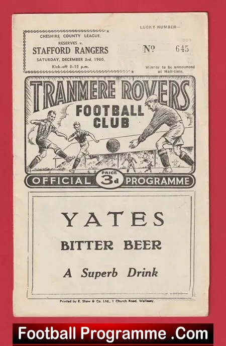 Tranmere Rovers v Stafford Rangers 1960 – Cheshire League 60’s