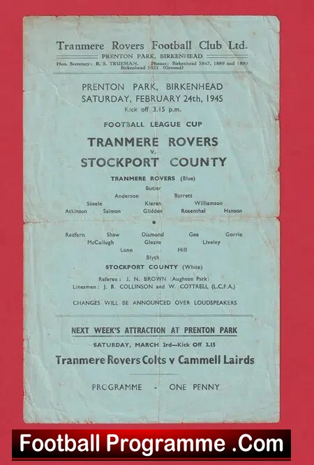 Tranmere Rovers v Stockport County 1945 – Prenton Park Wartime