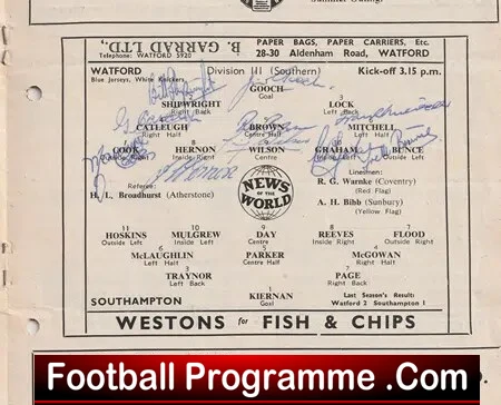 Watford v Southampton 1956 - Multi Autographed SIGNED