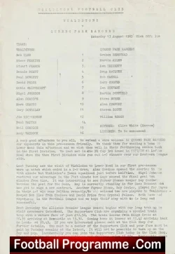 Wealdstone v QPR 1983 - Pre Season Friendly Match - football programme
