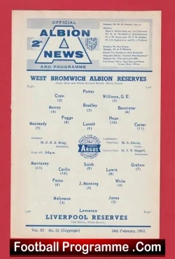 West Bromwich Albion v Liverpool 1962 - Reserves Match WBA - football programme