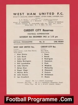West Ham United v Cardiff City 1962 - Reserves Match - football programme