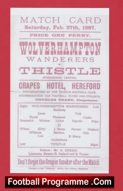 Wolves Wolverhampton v Thistle 1897 – 1800s Football Programmes