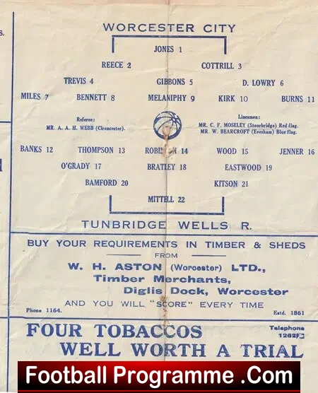 Worcester City v Tunbridge Wells Rovers 1939 – 1930’s To Clear!