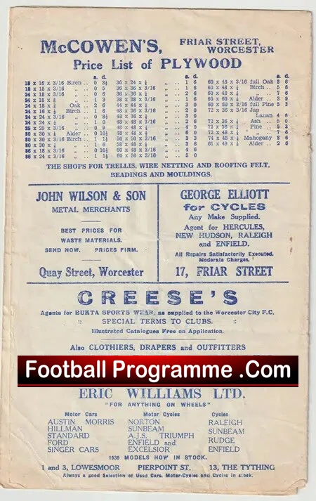 Worcester City v Tunbridge Wells Rovers 1939 – 1930’s To Clear!