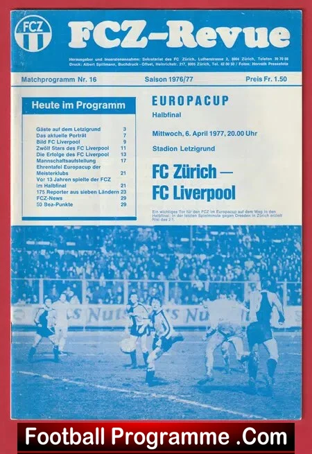 Zurich v Liverpool 1977 – European Cup