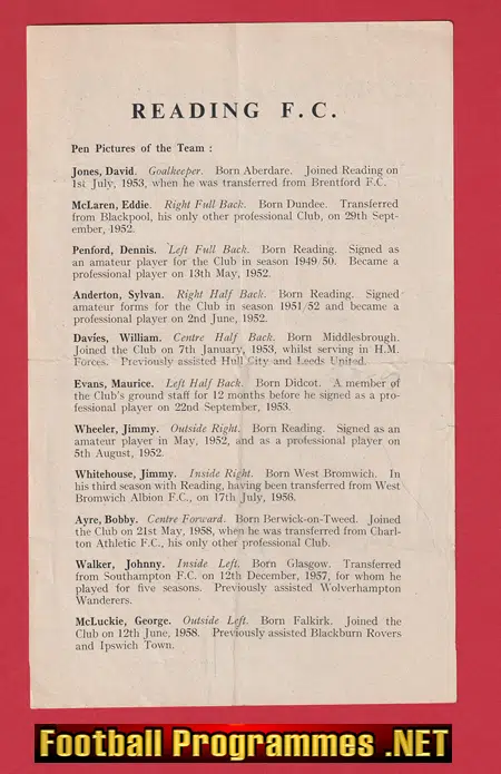 Crystal Palace v Reading 1958 - Southern Floodlight Cup