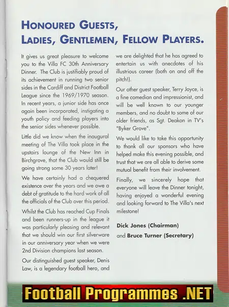 Villa FC 30th Anniversary 1969 - 1999 - SIGNED Denis Law