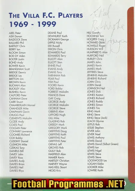Villa FC 30th Anniversary 1969 - 1999 - SIGNED Denis Law