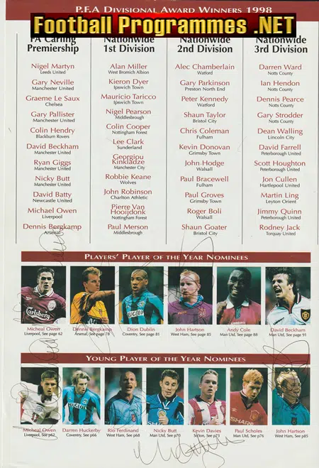 PFA Football Awards 1998 Multi SIGNED Stiles Giggs Owen Bergkamp
