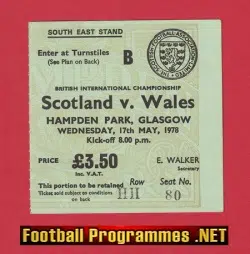 Scotland v Wales 1978 - Ticket Hampden Park Glasgow