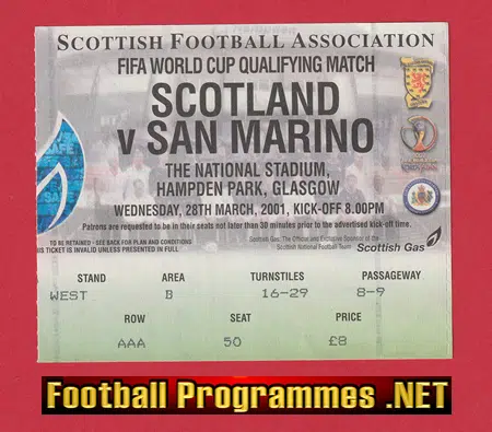 Scotland v San Marino 2001 - Ticket Hampden Park