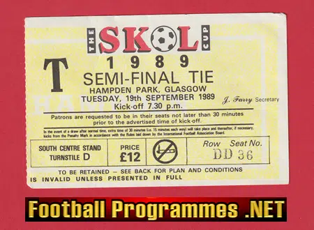 Dunfermline v Glasgow Rangers 1989 Scottish League Cup SF Ticket