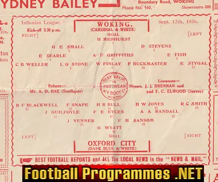 Woking v Oxford City 1936 - 1930s Programme 30s