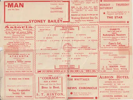 Woking v Oxford City 1936 - 1930s Programme 30s