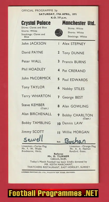 Crystal Palace v Manchester United 1971 Plus Ticket Application