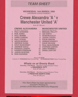 Crewe Alexandra v Manchester United 1990 – Reserves Match