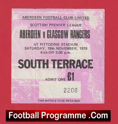 Aberdeen v Glasgow Rangers 1978 – Football Ticket