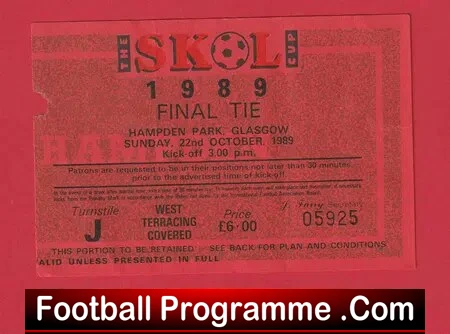 Aberdeen v Glasgow Rangers 1989 Scottish League Cup Final Ticket