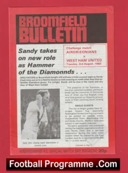 Airdrieonians Airdrie v West Ham United 1982 - Friendly Broomfield - football programme