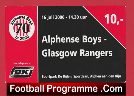 Alphense Boys v Glasgow Rangers 2000 Football Ticket Netherlands