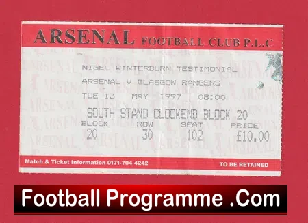 Arsenal v Glasgow Rangers 1997 – Football Ticket