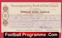 Birmingham City Football Club Official Cheque 1971 - H - football programme