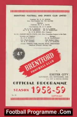 Brentford v Exeter City 1958 - FA Cup - football programme
