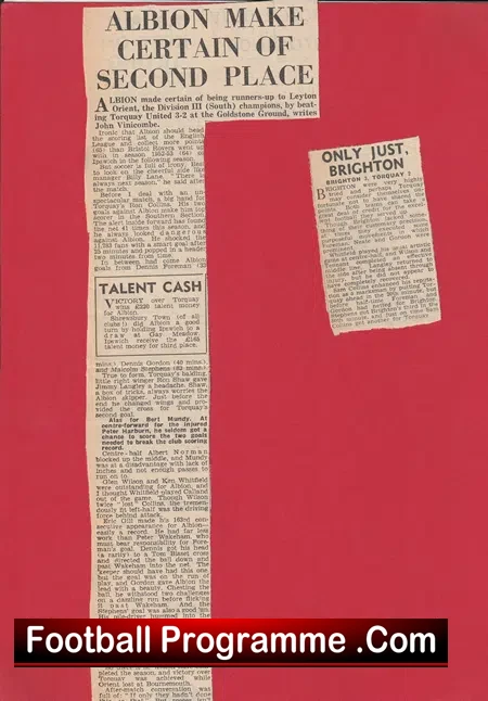 Brighton Hove Albion v Torquay United 1956 + Newspaper Articles