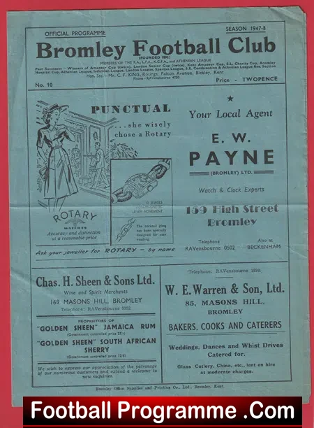 Bromley v Sutton 1947 – 1940’s Old Programme 40’s