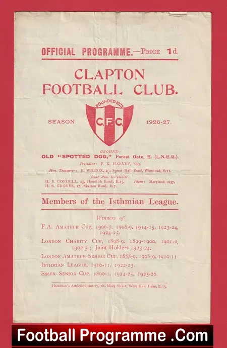 Clapton v Ilford 1926 – 1920s Old Football Programme 20’s